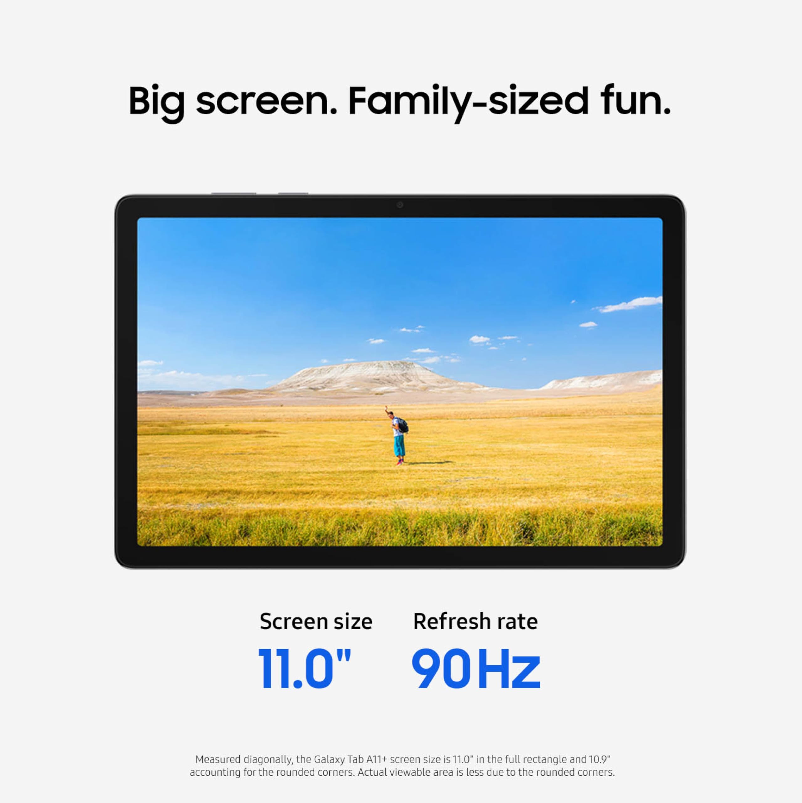 Samsung Galaxy Tab A11+ side-by-side with Samsung Galaxy Tab A9+ showing size and design comparison, neutral grey background, shot on 50mm f