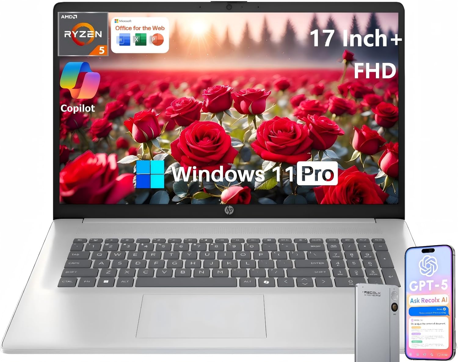HP 17 Inch Laptop, 17.3" FHD IPS Display, AMD Ryzen 5 7430U (Up to 4.5GHz)