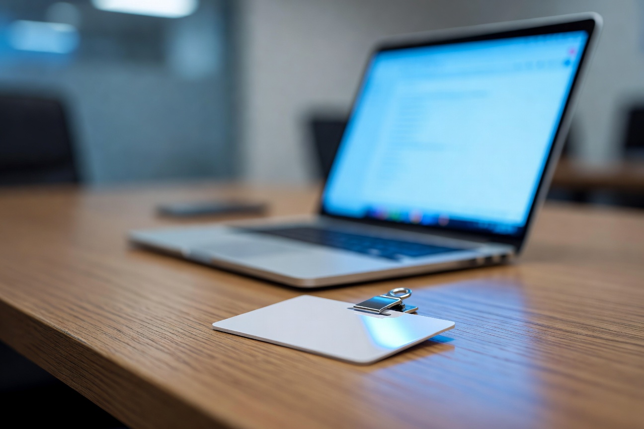 Close-up of an employee security badge lying beside an open laptop on a wooden desk, the screen's blue glow reflecting off the badge's metallic surface, shot on 50mm with shallow depth of field, cool ambient office lighting.
