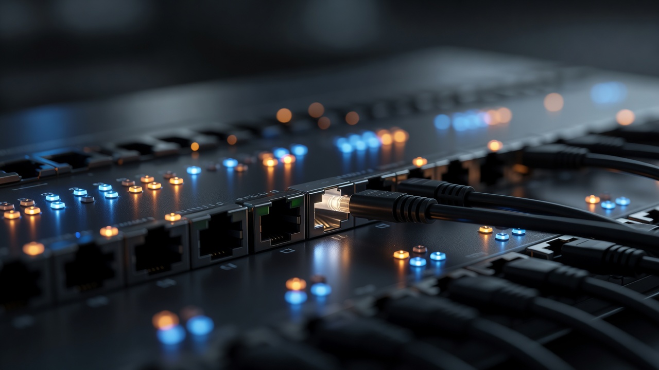 Wide establishing shot of an empty enterprise server room with a single unmanned rack access point glowing faintly, cables coiling into shadow, no operator present, deep blue-hour ambient light, 24mm lens, long exposure clarity.