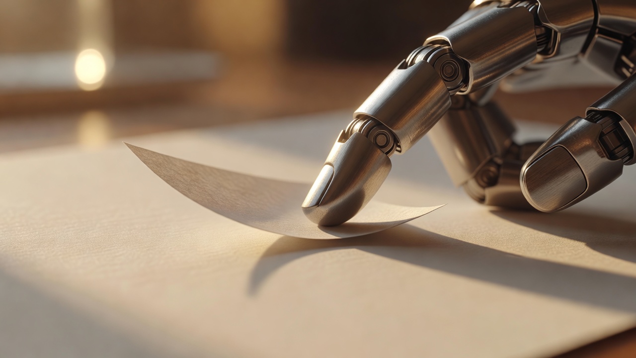 tight macro close-up of a robotic hand's fingertip pressing lightly against a surface, a single sheet of paper balanced on the contact point, warm golden-hour side lighting casting long soft shadows, shallow depth of field