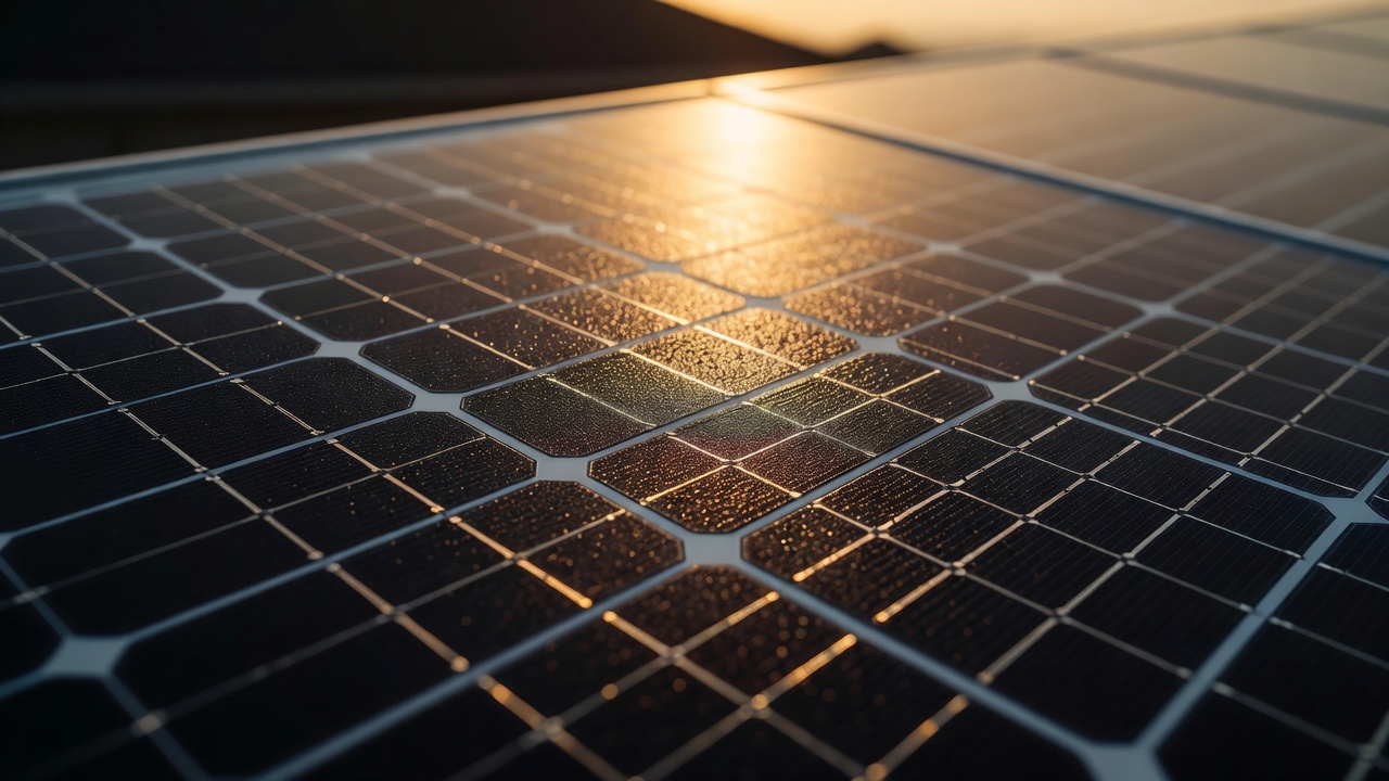 Tight macro close-up of a residential rooftop solar panel surface at golden hour, warm amber light raking across textured photovoltaic cells, shallow depth of field, 85mm macro lens.