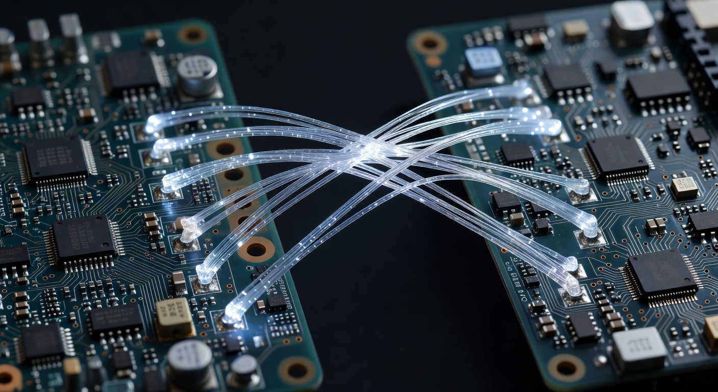 Close-up macro photograph of interconnected translucent glass fibers bridging two separate circuit boards, representing 
