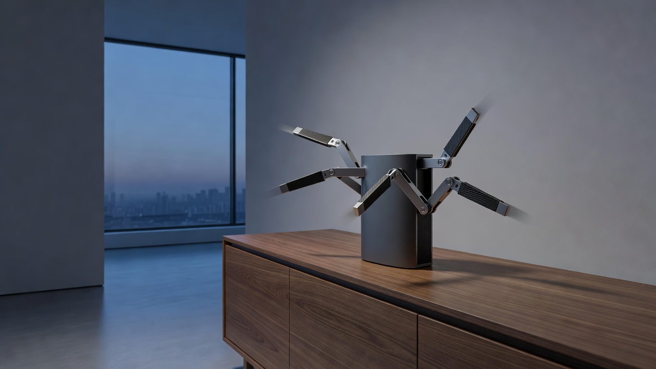 Wide-angle view of a sculptural smart speaker with visible articulating mechanical arms on a minimalist walnut sideboard, twilight window light casting cool blue-grey tones across the device's matte surface, subtle motion blur on the moving components, architectural interior framing, 24mm lens, f/4 aperture, blue-hour ambient light