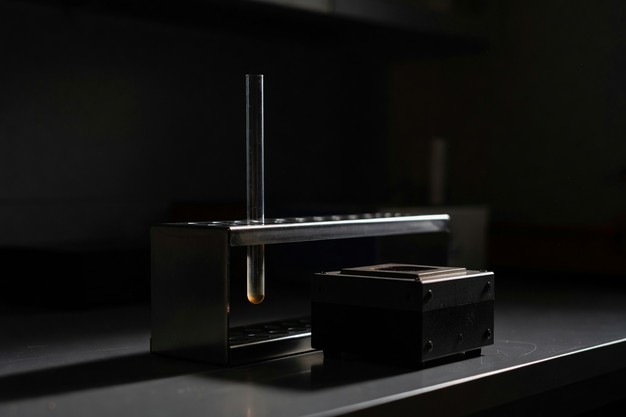 A glass test tube holding a small amount of amber liquid stands in a steel rack beside a dark heating block in a dim laboratory.