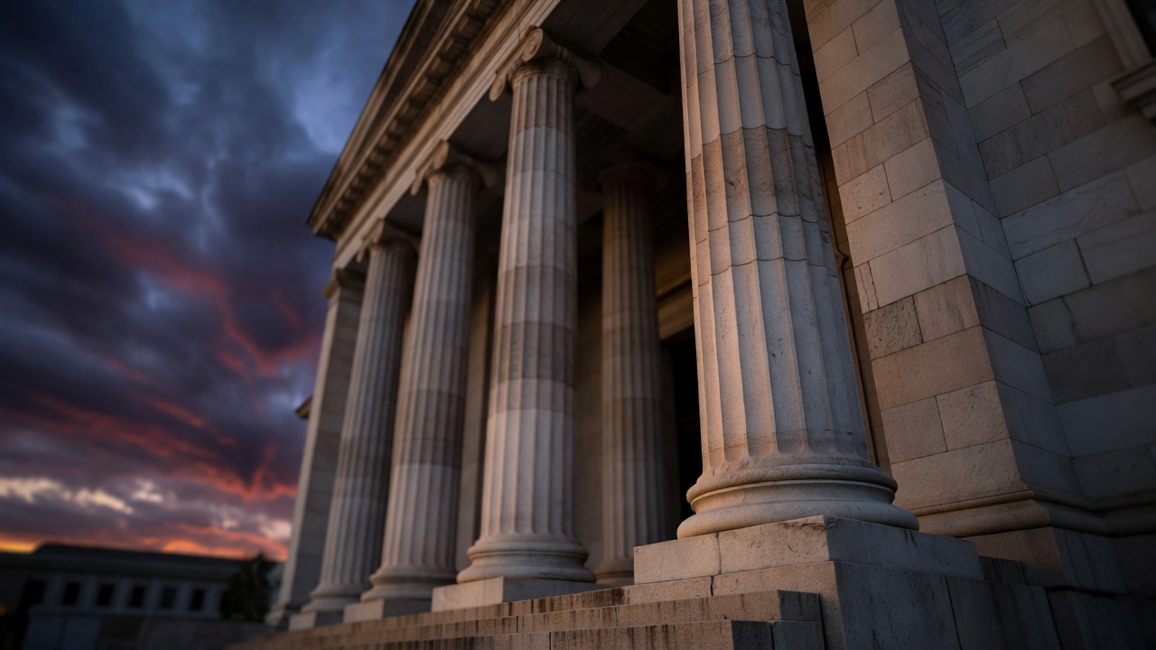 Neoclassical stock exchange building at dusk