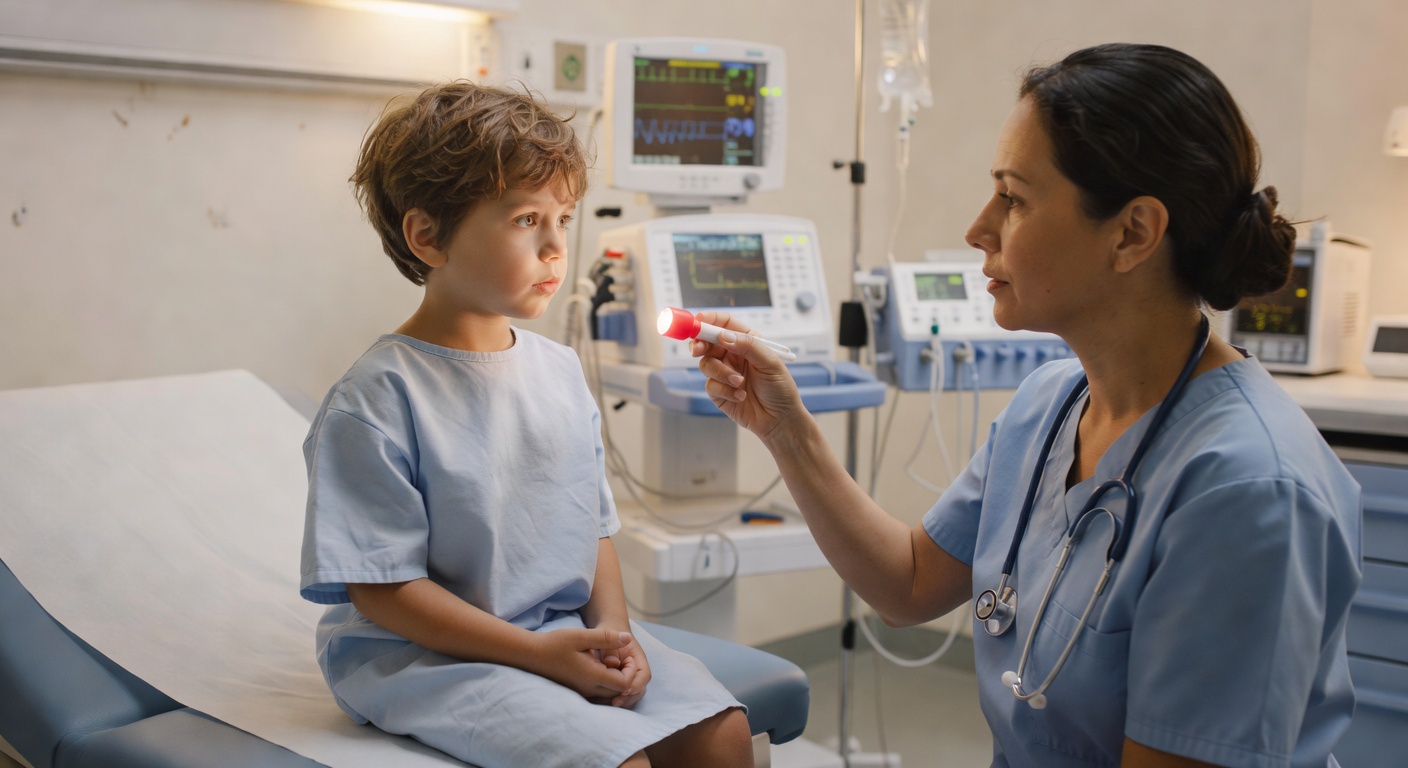 young child undergoing neurological assessment with a clinician in a pediatric hospital room, medical monitoring equipme