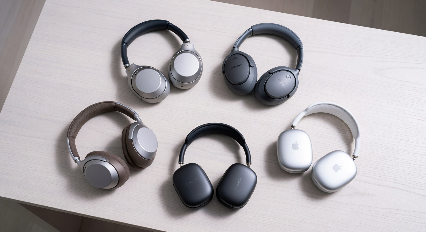 Sony WH-1000XM5, Bose QuietComfort Ultra, Sennheiser Momentum 4 Wireless, Apple AirPods Max, and Anker Soundcore Space Q45 arranged on white oak desk, overhead view, studio lighting, shot on 24mm f/2.8
