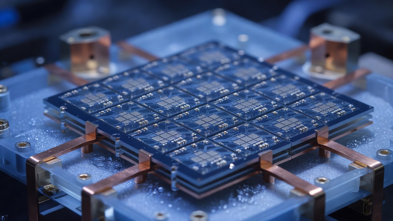 Wide-angle view of a fault-tolerant quantum processor array mounted in a cryogenic test fixture, its superconducting qubit tiles arranged in a grid pattern, bathed in cool blue ambient light with shallow-focus macro lens rendering.