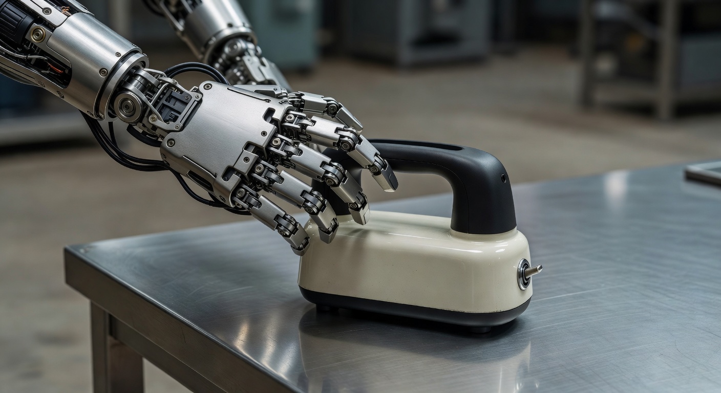 humanoid robot manipulator gripping an appliance handle in close-up