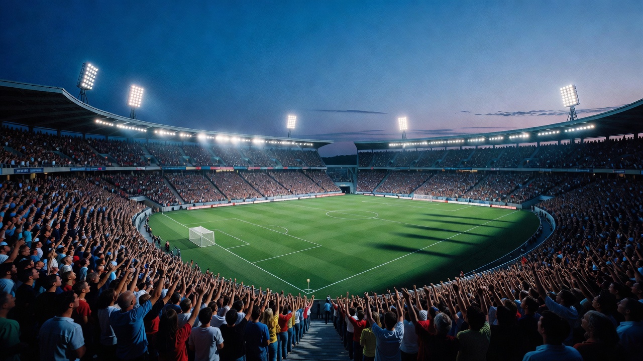 Packed soccer stadium at dusk under floodlights