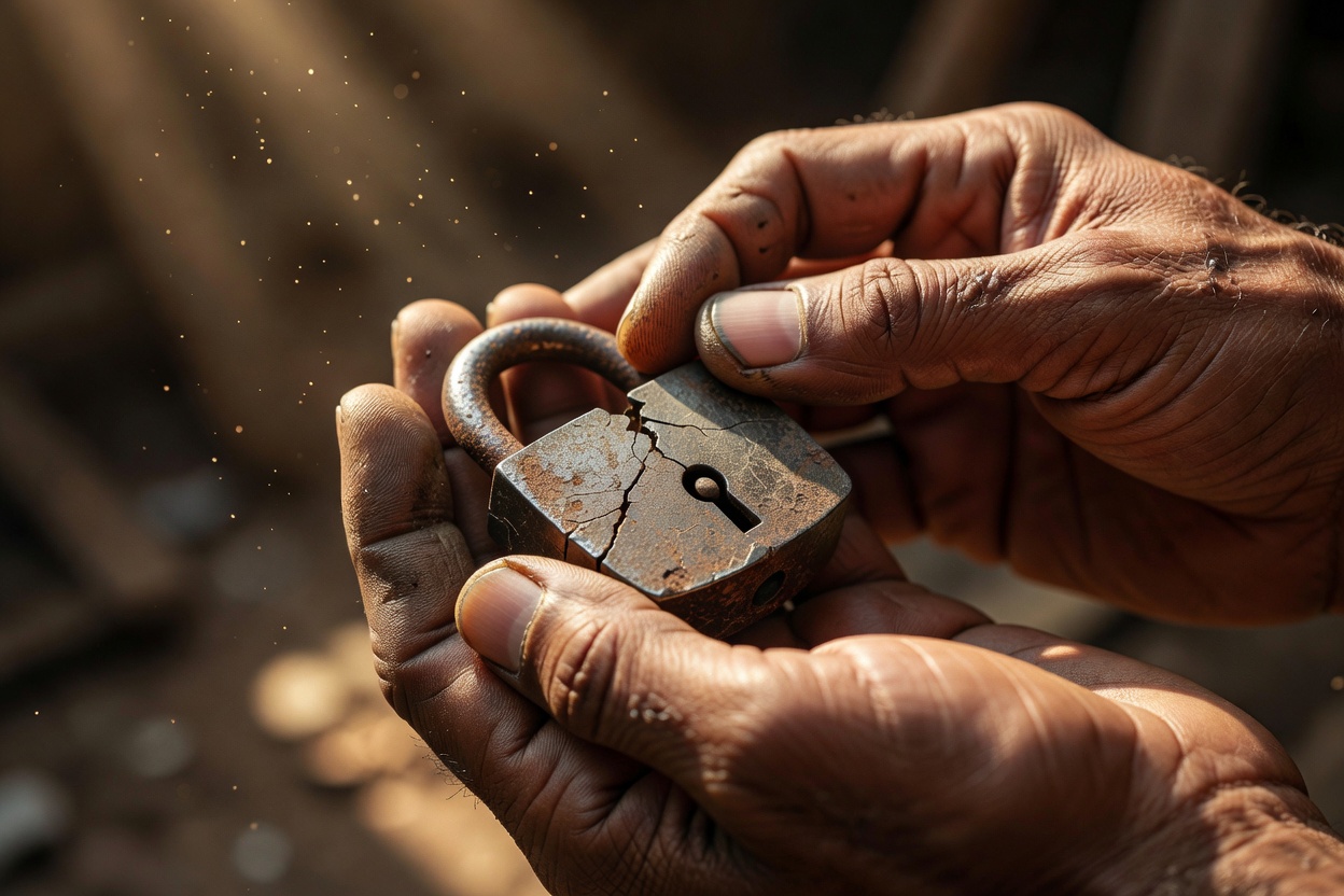 Hands cupping a small cracked padlock in soft focus, fingertips tracing the fractured shackle, dust motes drifting, tight macro close-up, warm golden-hour side light, shallow depth of field, 100mm macro lens.