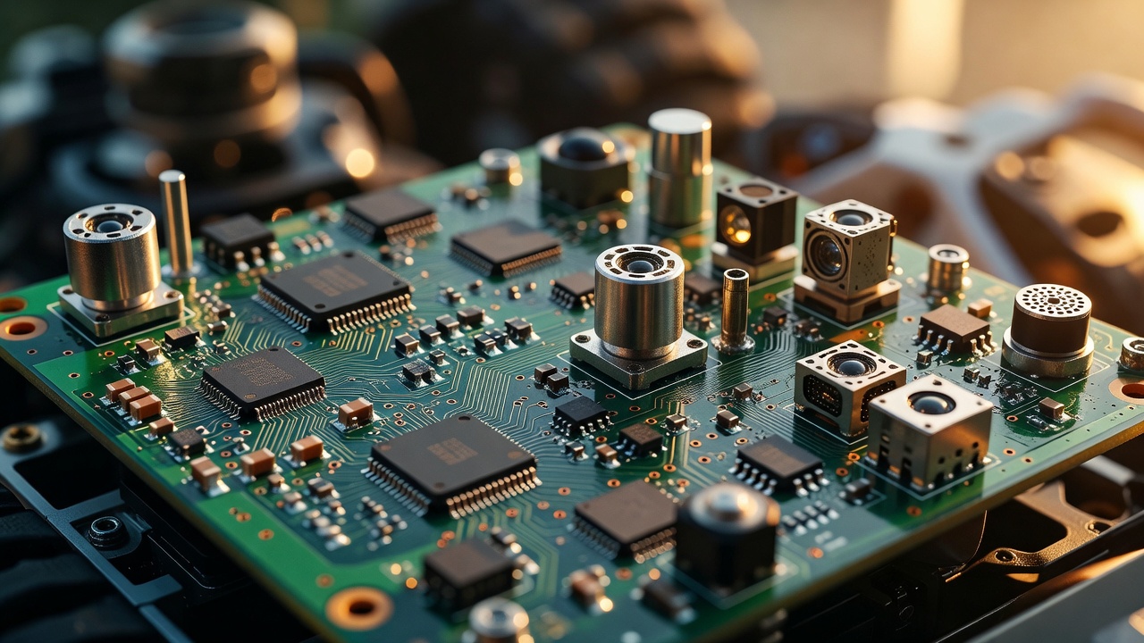 Tight macro close-up of a mobile robot's onboard communication module and sensor cluster, circuit board details visible, warm golden-hour side lighting, shallow depth of field.