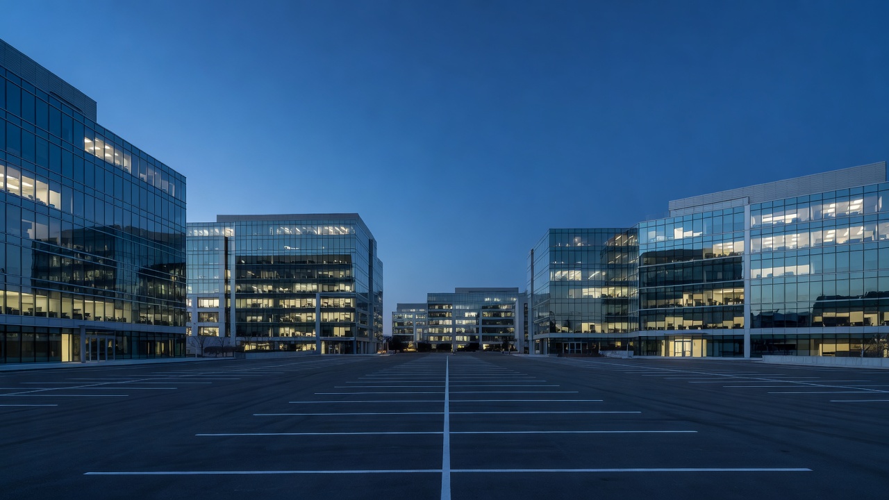 Wide shot of a Fortune 500 enterprise headquarters campus at blue hour, modern glass and steel office buildings with scattered illuminated windows, empty executive parking lot in foreground, deep blue twilight sky, shot on 24mm lens with cool color temperature and subtle ambient glow