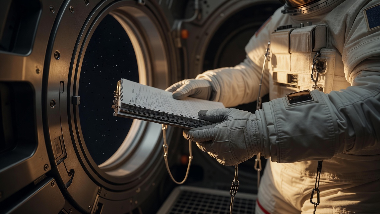 Astronaut's gloved hands in an airlock hatch grip a checklist binder mounted on the hull, EVA tool tethers glinting, warm golden-hour sunlight raking across suit fabric, shallow depth of field.