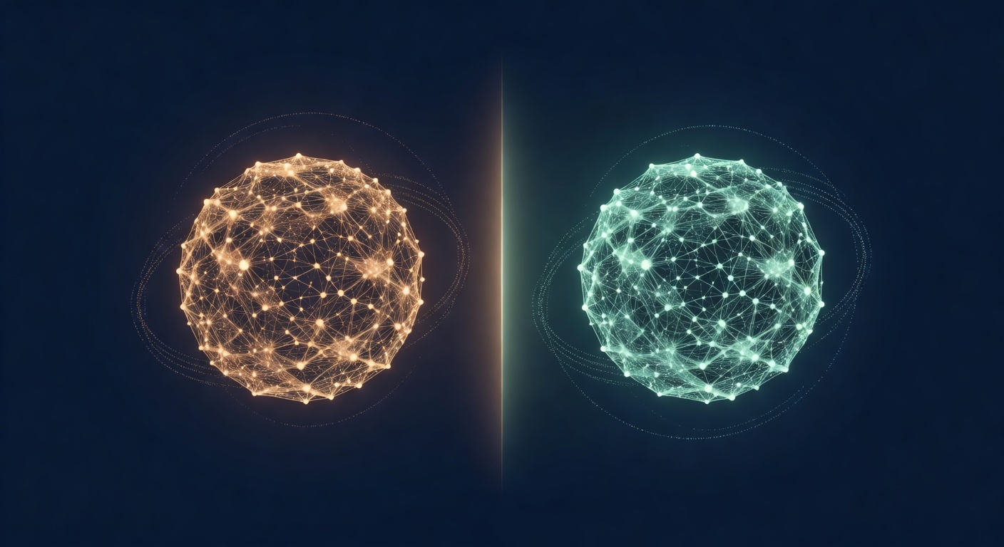 Conceptual illustration of two competing AI platforms rendered as glowing amber and mint-cyan neural-network spheres separated by a vertical seam of light on a deep navy backdrop.