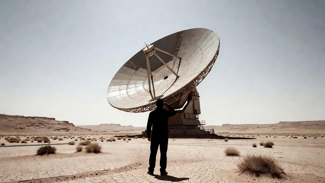 Mars Relay Network ground antenna dish pointed skyward receiving telemetry, over-the-shoulder medium shot from technician silhouette, arid desert landscape, bright high-key midday sunlight, wide-angle lens