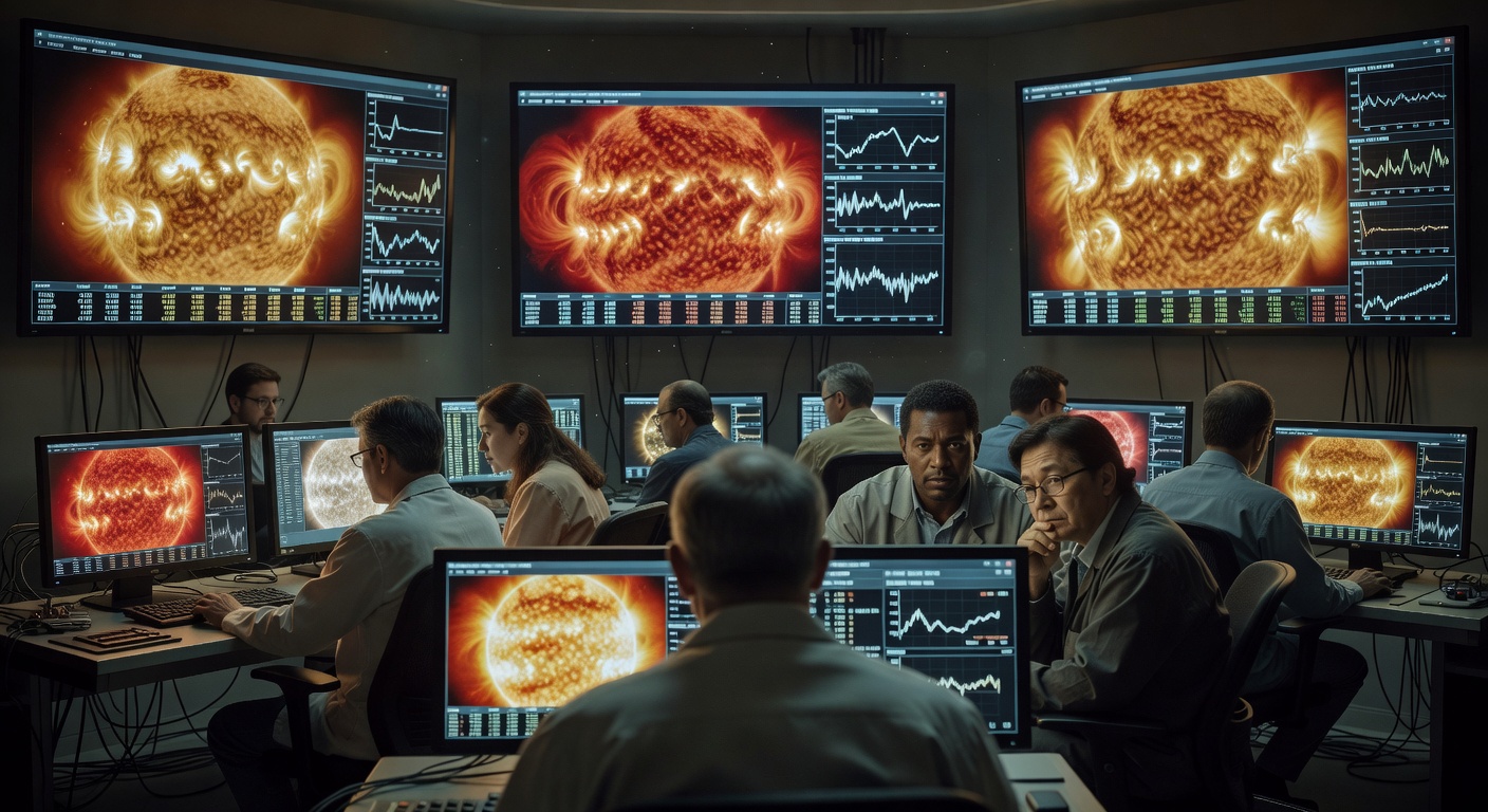 Solar physicists monitoring live solar data on control-room screens