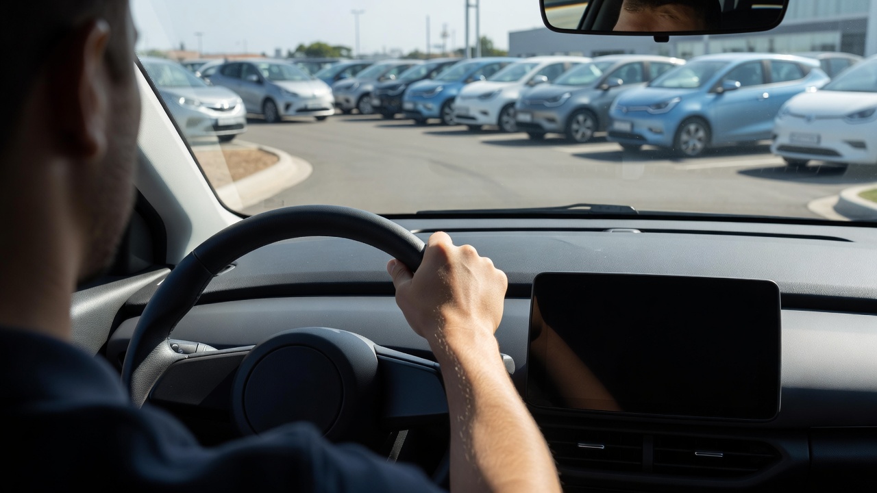 Driver's hand rests on the steering wheel of a compact car, looking out at a dealership lot full of small electric hatchbacks.