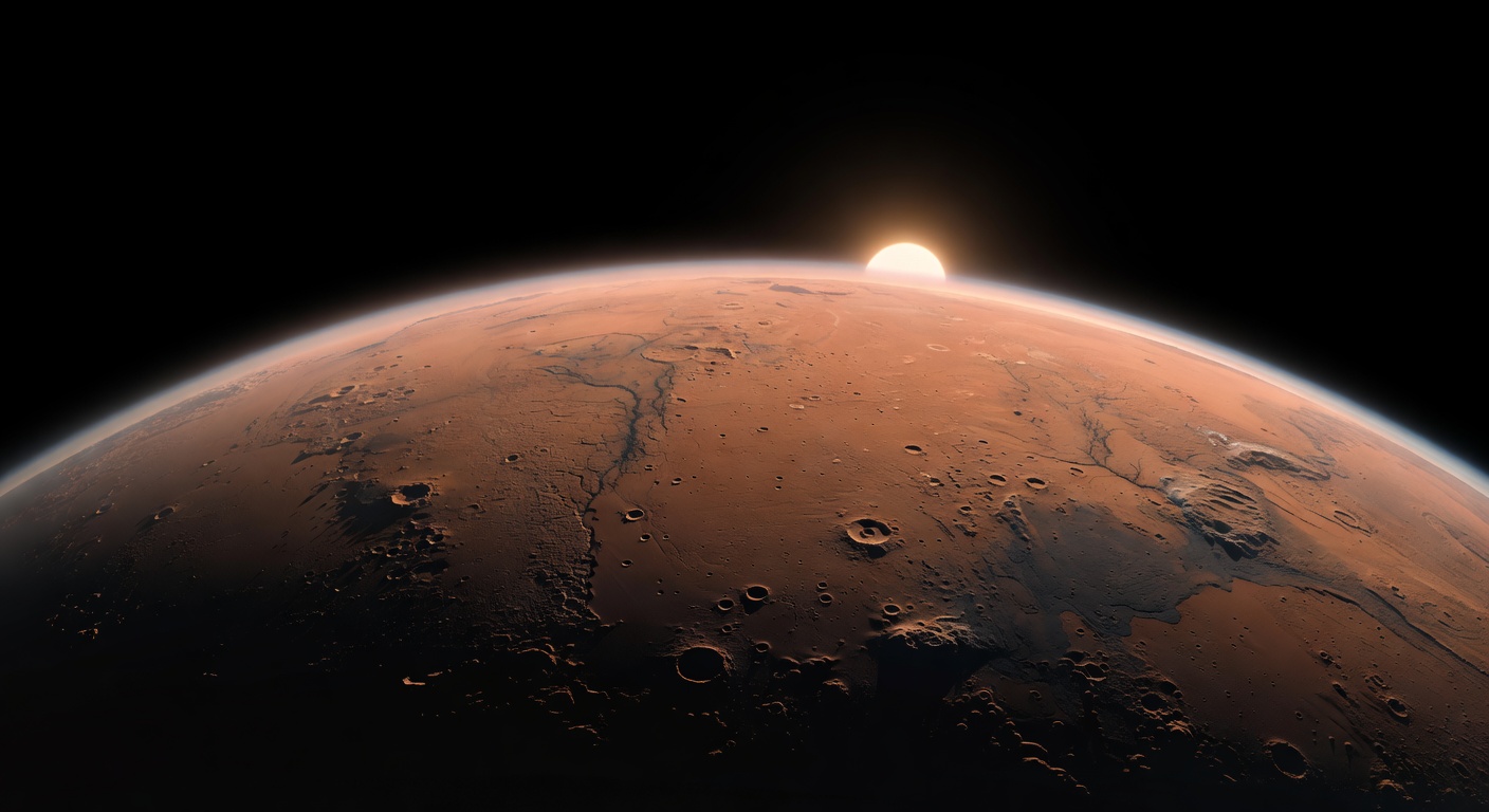 Wide-angle surface view of Mars showing its thin atmospheric haze at the horizon with the Sun visible in the background, no text, no labels,