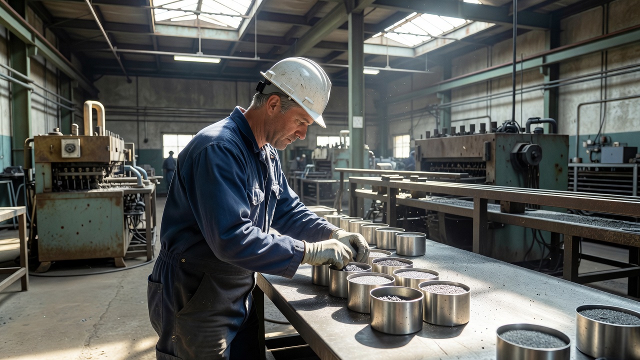 over-the-shoulder medium shot of a worker in hard hat examining anode material sample containers on a facility workbench, Conneaut Ohio processing plant interior visible behind, bright high-key daylight through skylights, 35mm lens