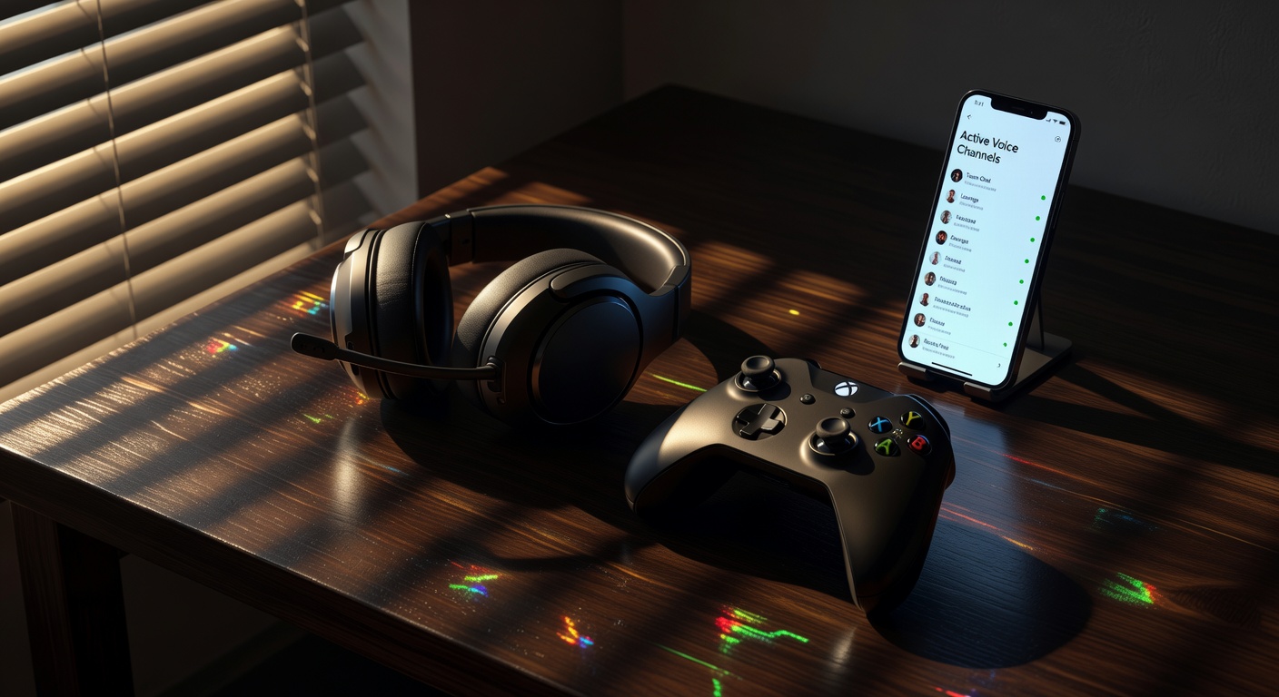 Angled view of gaming headset resting on desk next to Xbox controller and smartphone displaying active voice channels, all devices casting subtle RGB reflections on dark wood surface, shot with 50mm lens, dramatic side lighting through venetian blinds.