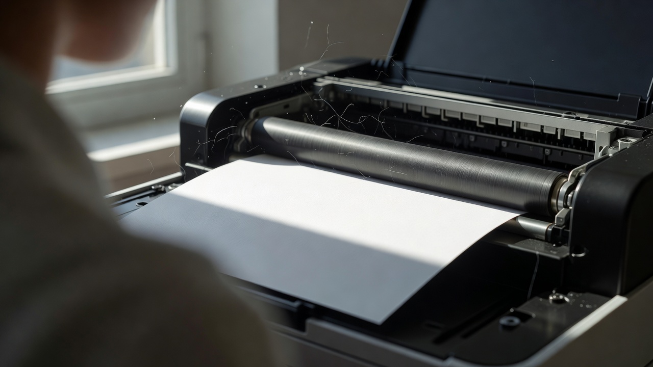 Overhead close-up of a printer roller mid-motion feeding a blank sheet of paper into shadow, fine paper fibers catching light, crisp daylight streaming through a window, over-the-shoulder framing, 50mm lens.