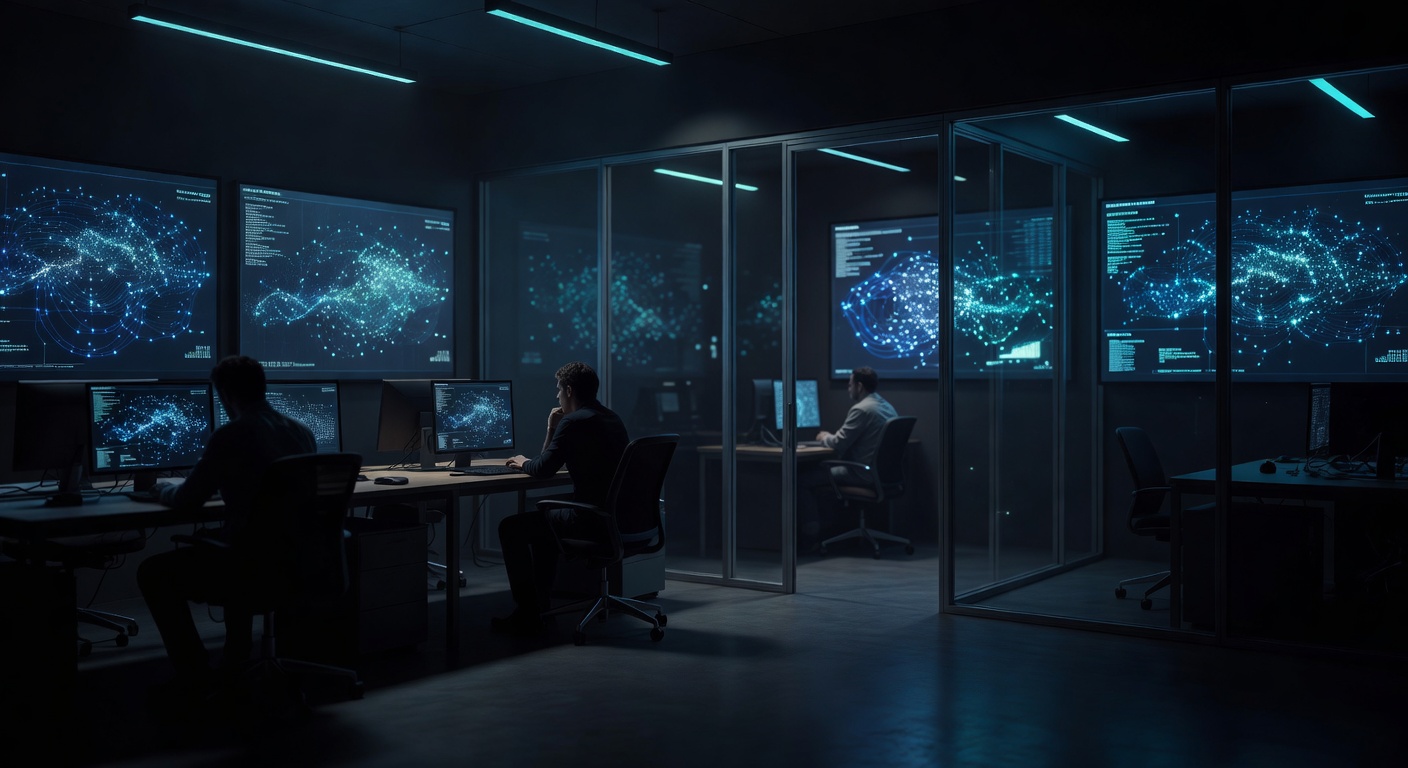 wide establishing shot of a dimmed operations center, silhouettes of 3 developers at workstations, large wall monitors displaying abstract network topology graphs without readable labels, ceiling-mounted teal accent lighting, glass partitions, shot on 24mm f/5.6, deep focus, cinematic color grade with blue-teal palette
