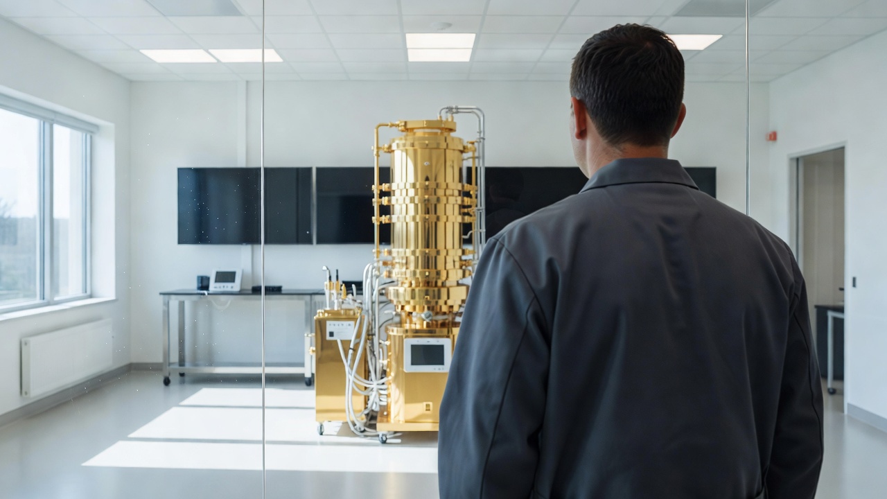 Engineer seen from behind looks through a glass partition at a gold dilution refrigerator in a bright, clean quantum computing laboratory.