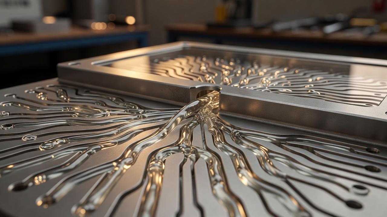 Tight macro close-up of ASCENT monopropellant flowing through a dual-mode feed manifold, branching micro-channels visible, warm golden-hour industrial bench lighting, shallow depth of field.