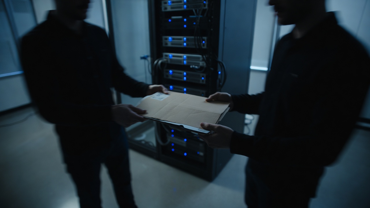 Overhead close shot of a single billing account folder passed hand-to-hand between two blurred silhouettes near a server rack, cool blue-hour glow, wide 24mm lens.