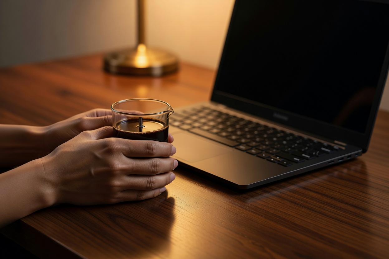 Hands cupping a French press-style demitasse of coffee beside an idle laptop, warm golden lamplight pooling on wood grain, screen dark and angled away, macro close-up, 50mm lens, shallow depth of field