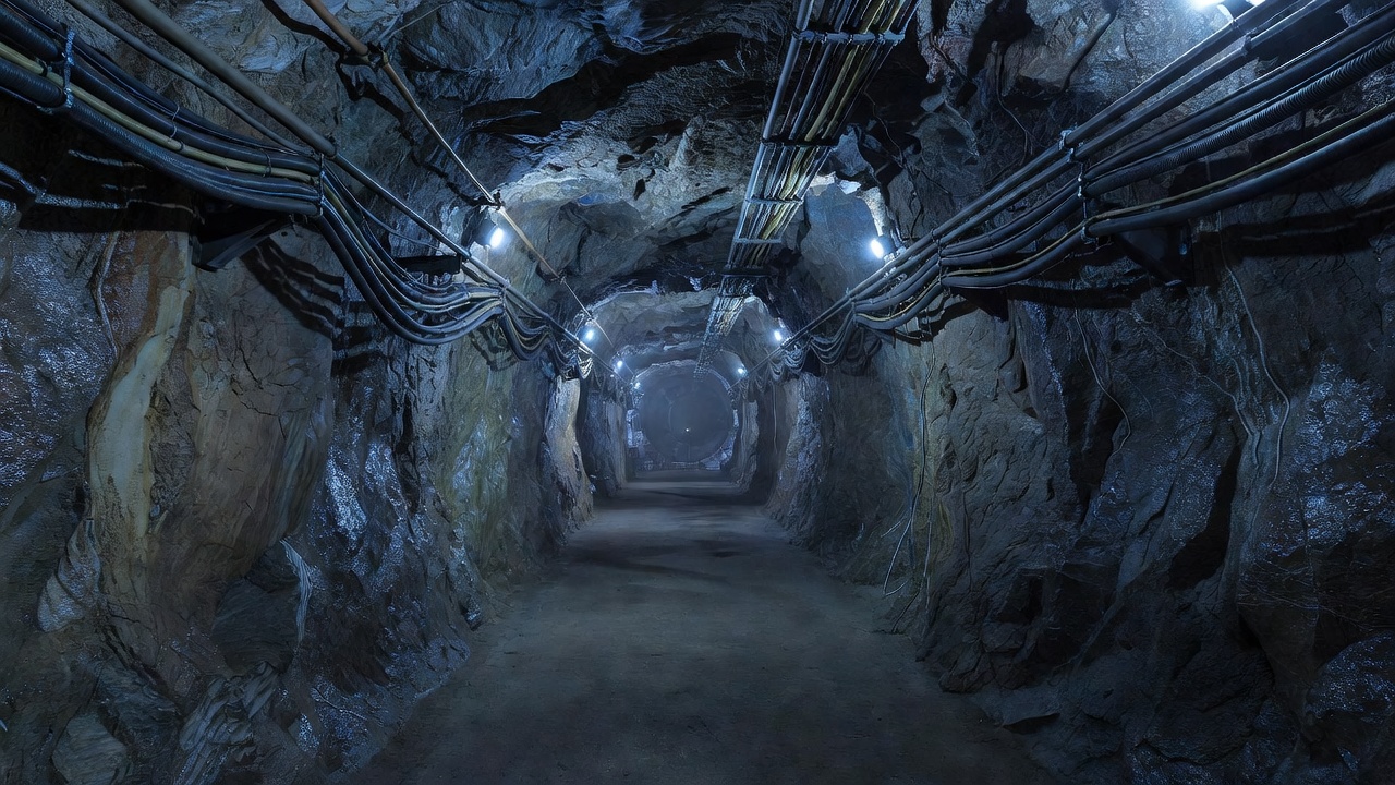 Wide shot of the Sanford Underground Research Facility's rock-walled access drift leading to the buried liquid-xenon detector cavern, cables snaking along tunnel walls, cool blue-hour lighting, wide-angle lens.