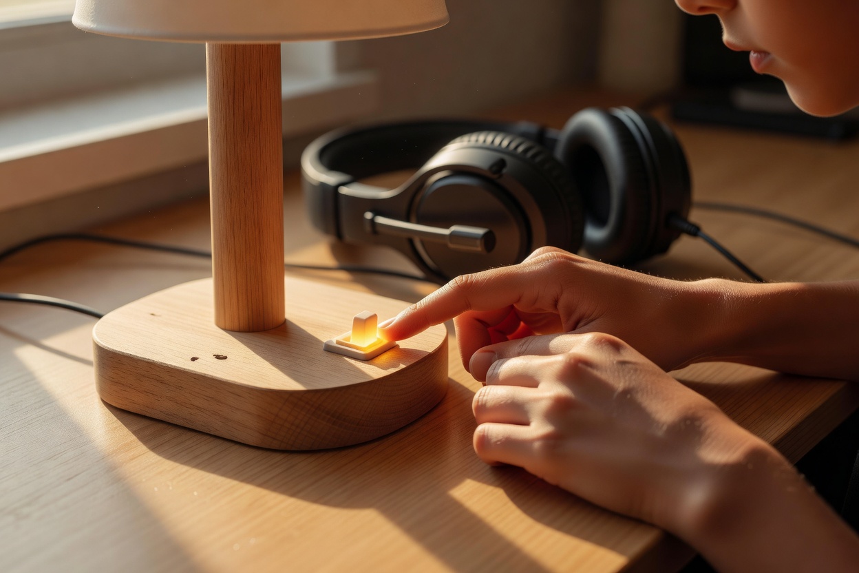 A teenager's hand presses a small glowing switch on a wooden desk lamp base, with headphones resting on the desk behind it.