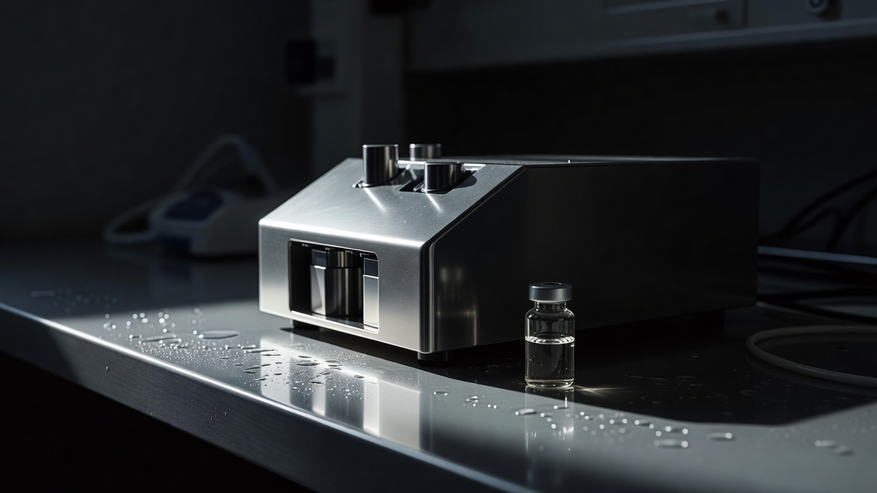 Low-angle hero shot of a CRISPR electroporation device on a wet-lab bench beside a vial of guide-RNA solution, glossy stainless surfaces catching a single narrow sidelight, deep shadows, dramatic chiaroscuro, 35mm lens at f/1.8.