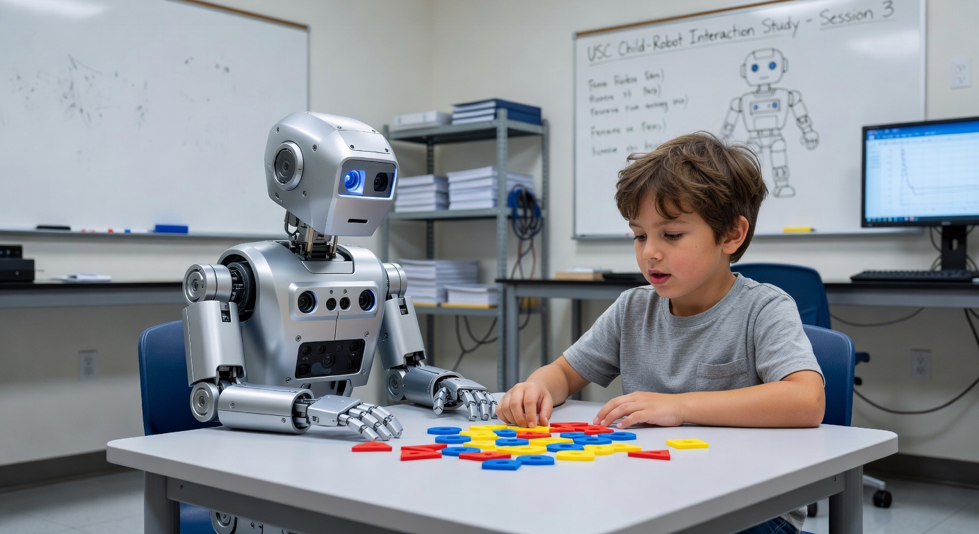 Bandit robot positioned across a small table from a child during a structured game session in a USC research lab, with a camera and sensor array visible on the robot's torso