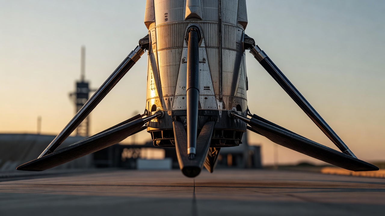 Falcon 9 first-stage booster on the launch pad at sunrise, landing-leg struts and gridfins in warm golden light, tight macro close-up on weld seams and heat-shielded metal, shallow depth of field, low-angle lens.