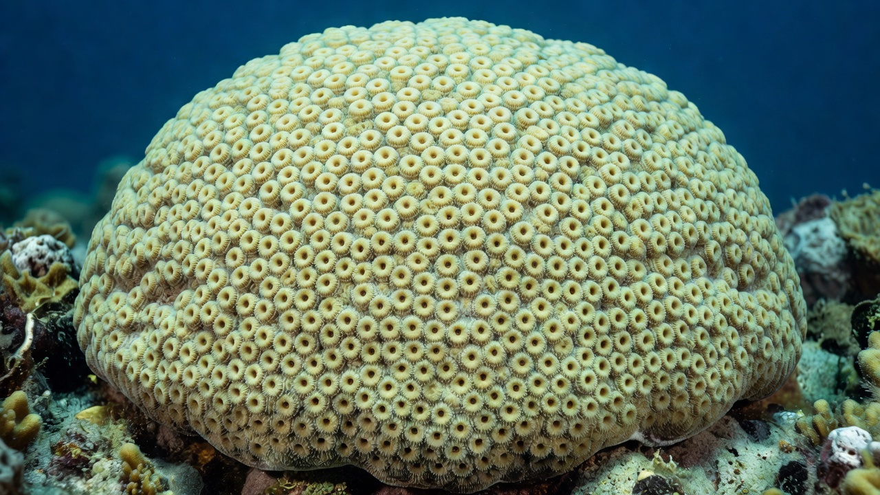 Dense cluster of living *Porites lutea* coral polyps photographed wide, their ciliated surfaces intact and visibly textured, cool blue-hour underwater ambient light, wide-angle lens with soft diffused illumination.