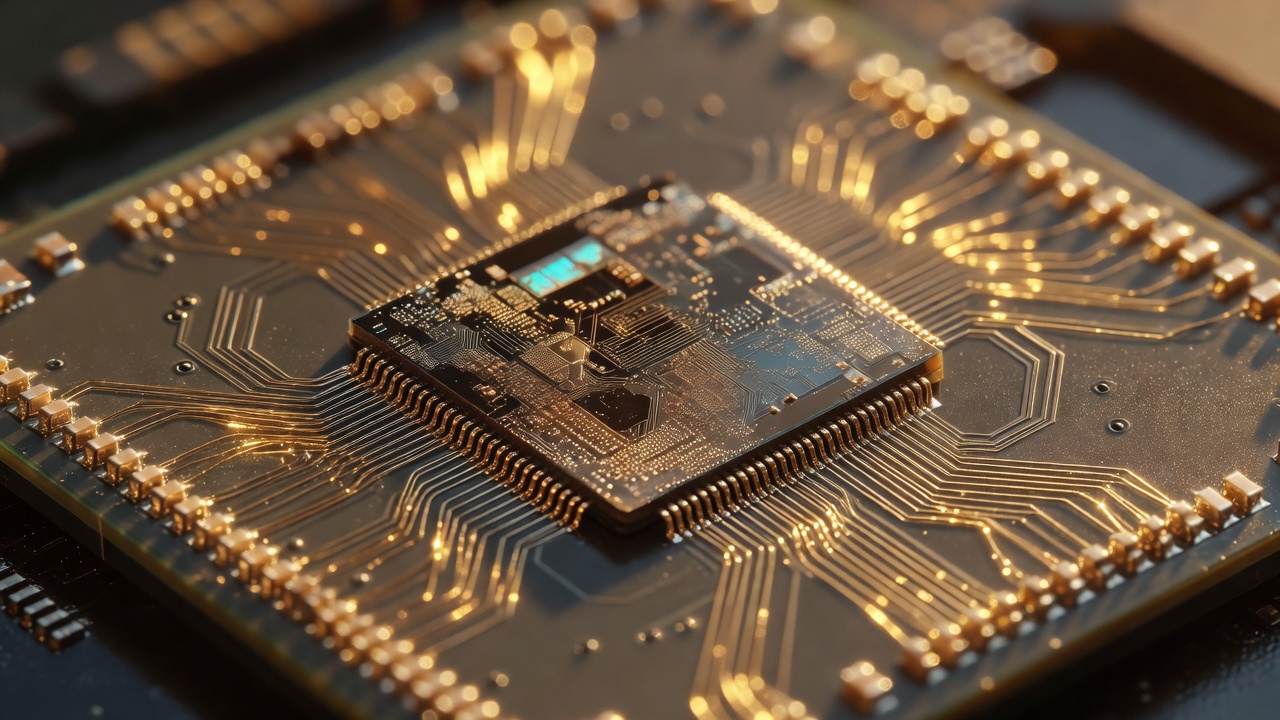 tight macro photograph of a custom ASIC chip package freshly unsealed from protective packaging, gold bond wires and silicon die visible under magnification, warm amber light raking across the substrate surface, shallow depth of field, macro lens.