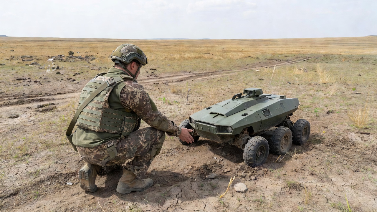 Ukrainian soldier kneeling beside a grounded Zmyi-style UGV in open contested terrain, gesturing toward the unit during a field assessment, overcast bright midday light, medium shot from just behind and above the soldier's shoulder, wide-angle lens with flat high-key daylight exposure