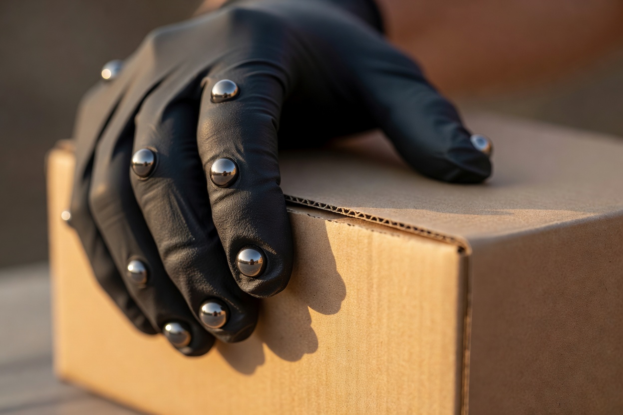 Black-gloved hand with small reflective marker spheres on the knuckles and fingers gripping the edge of a plain cardboard box.