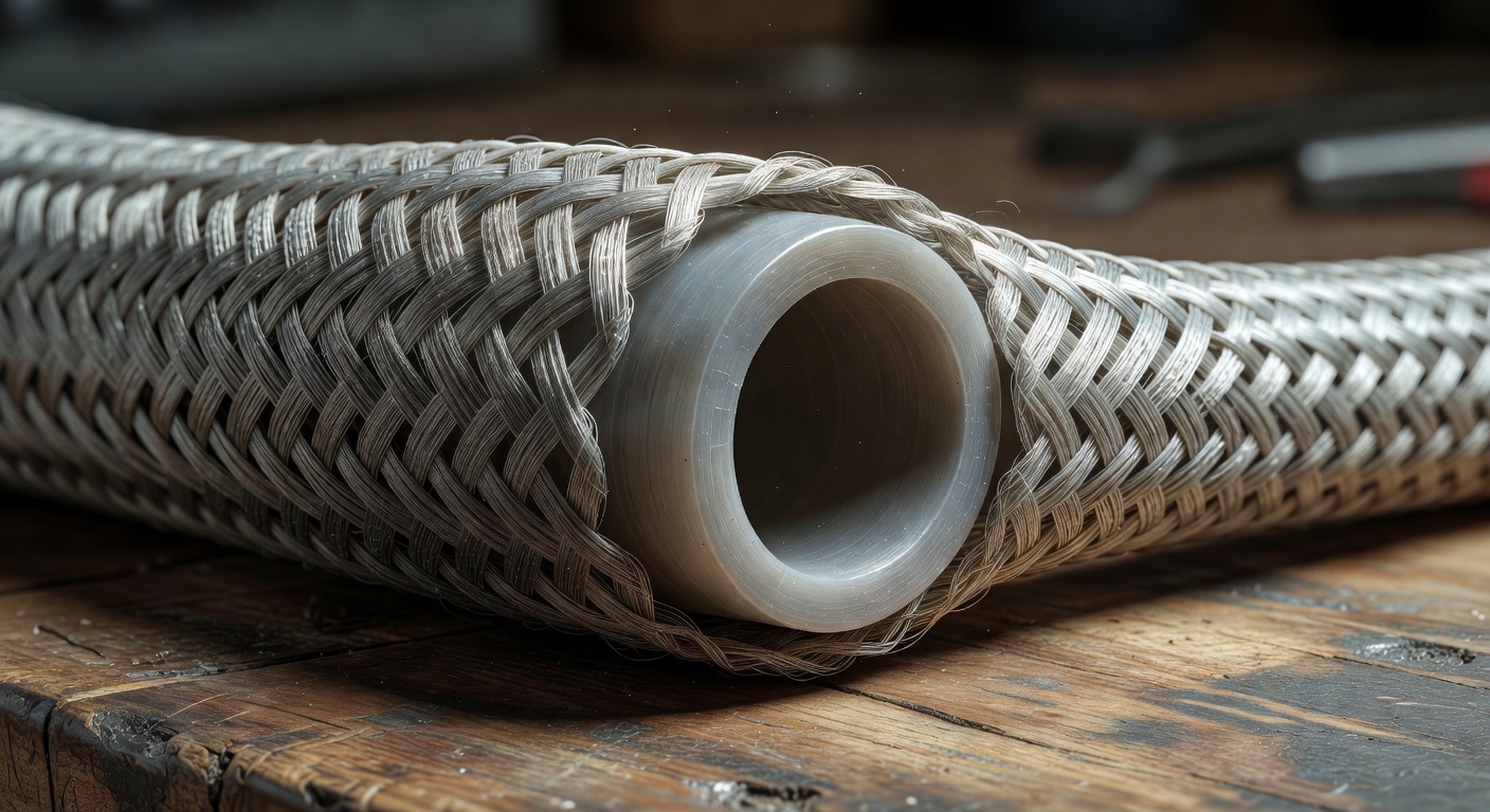close-up macro of a McKibben pneumatic artificial muscle, showing braided mesh sleeve and rubber bladder in cross-sectio