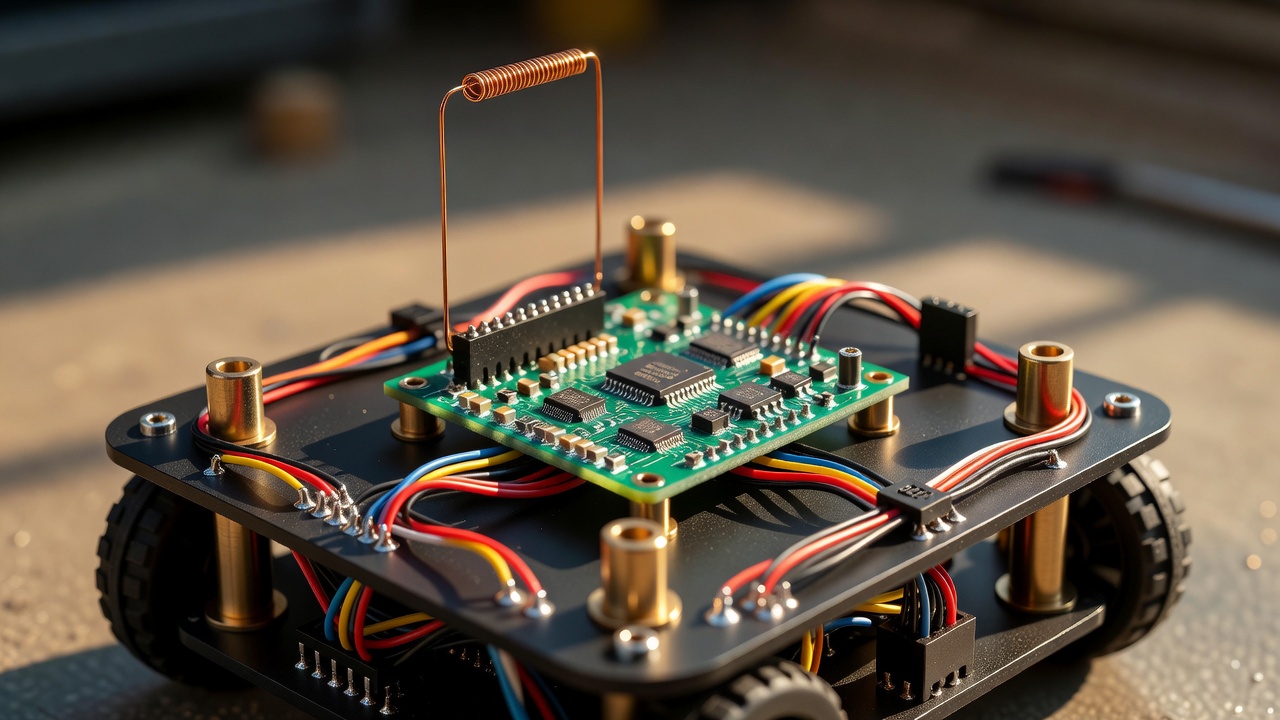 Macro close-up of a small wheeled robot's compact circuit board and antenna module mounted on its chassis, brass standoffs and neat wiring in sharp focus, warm golden-hour light, 100mm macro lens, shallow depth of field