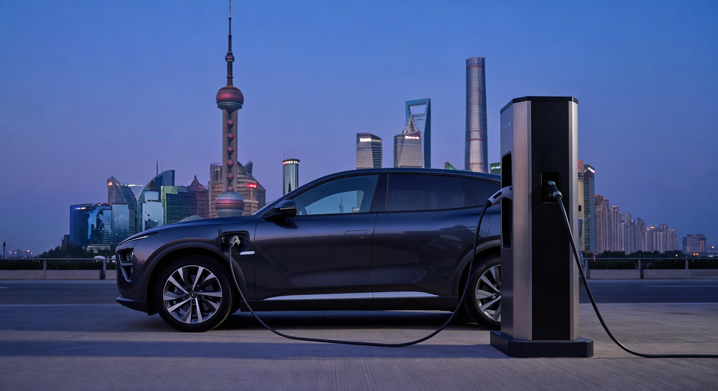NIO ES9 electric SUV charging at a high-speed urban charging station, cables connected, Shanghai skyline at dusk, low-angle profile, blue-hour ambient light, 35mm lens.