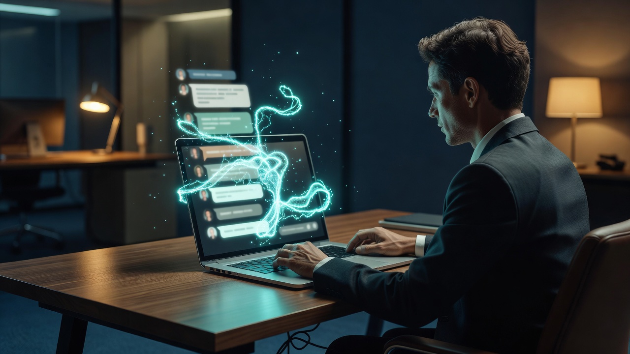 Over-the-shoulder medium shot of a person's hands resting near an open laptop while a Slack workspace fills the screen with a persistently active AI channel, bright high-key daylight streaming from a nearby window, 50mm lens.