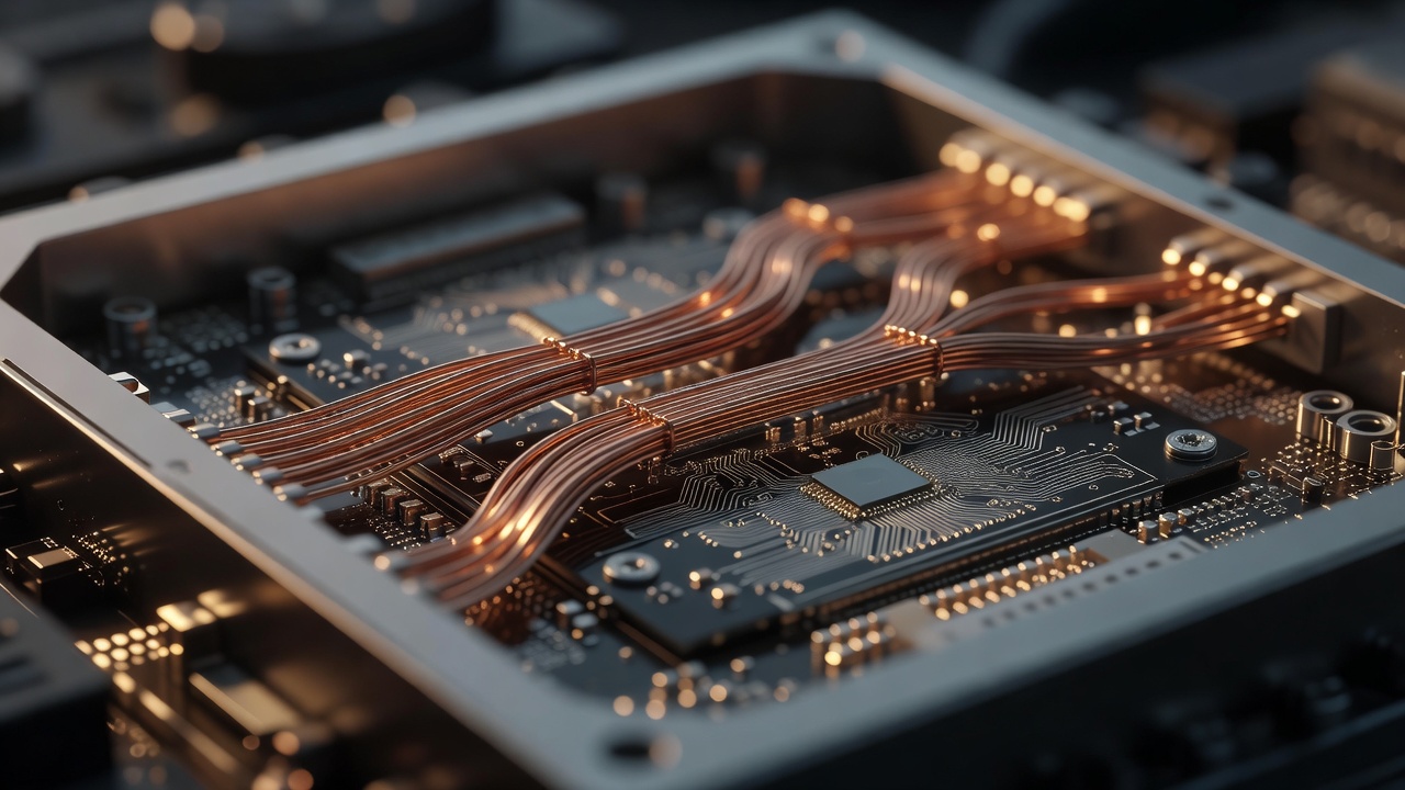 macro close-up photograph of cryogenic copper-coloured coaxial wiring bundled inside an open quantum processor housing, superconducting components visible, warm golden-hour side-lighting, shallow depth of field, 85mm lens bokeh