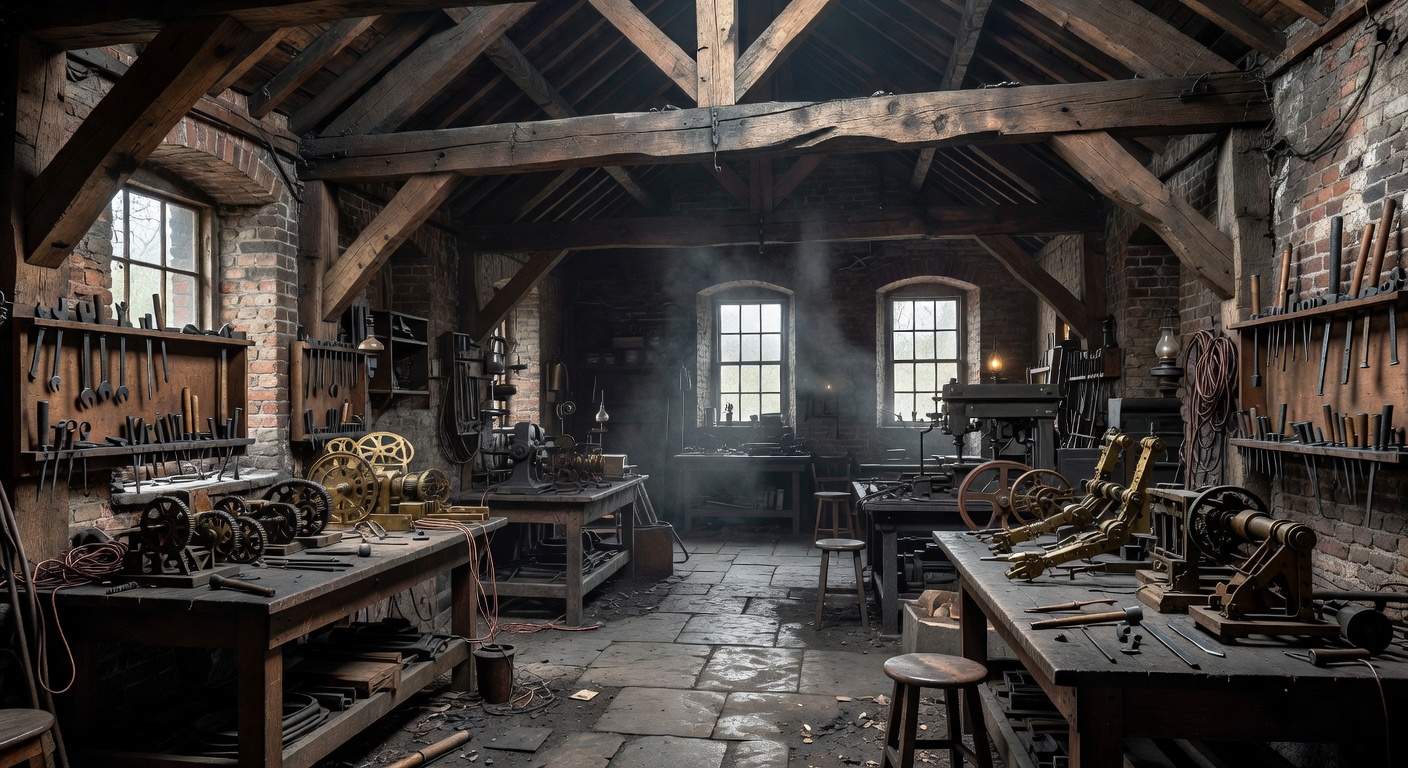 wide view of a Victorian-era industrial workshop space, representing the kind of environment where early hobbyist roboti