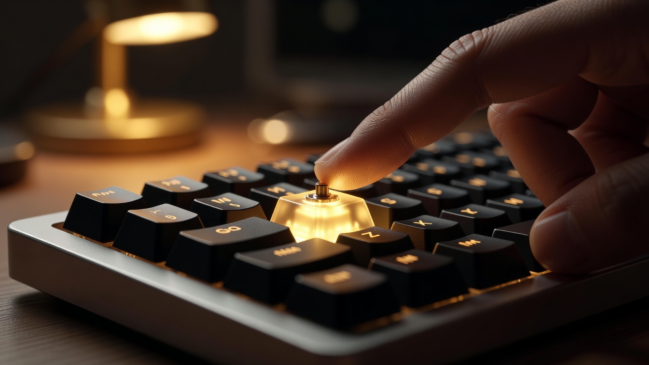 Macro close-up of a hand tapping a single glowing keycap on a mechanical keyboard mid-press, warm golden lamplight catching the switch stem, soft bokeh, 85mm macro lens, f/2.0