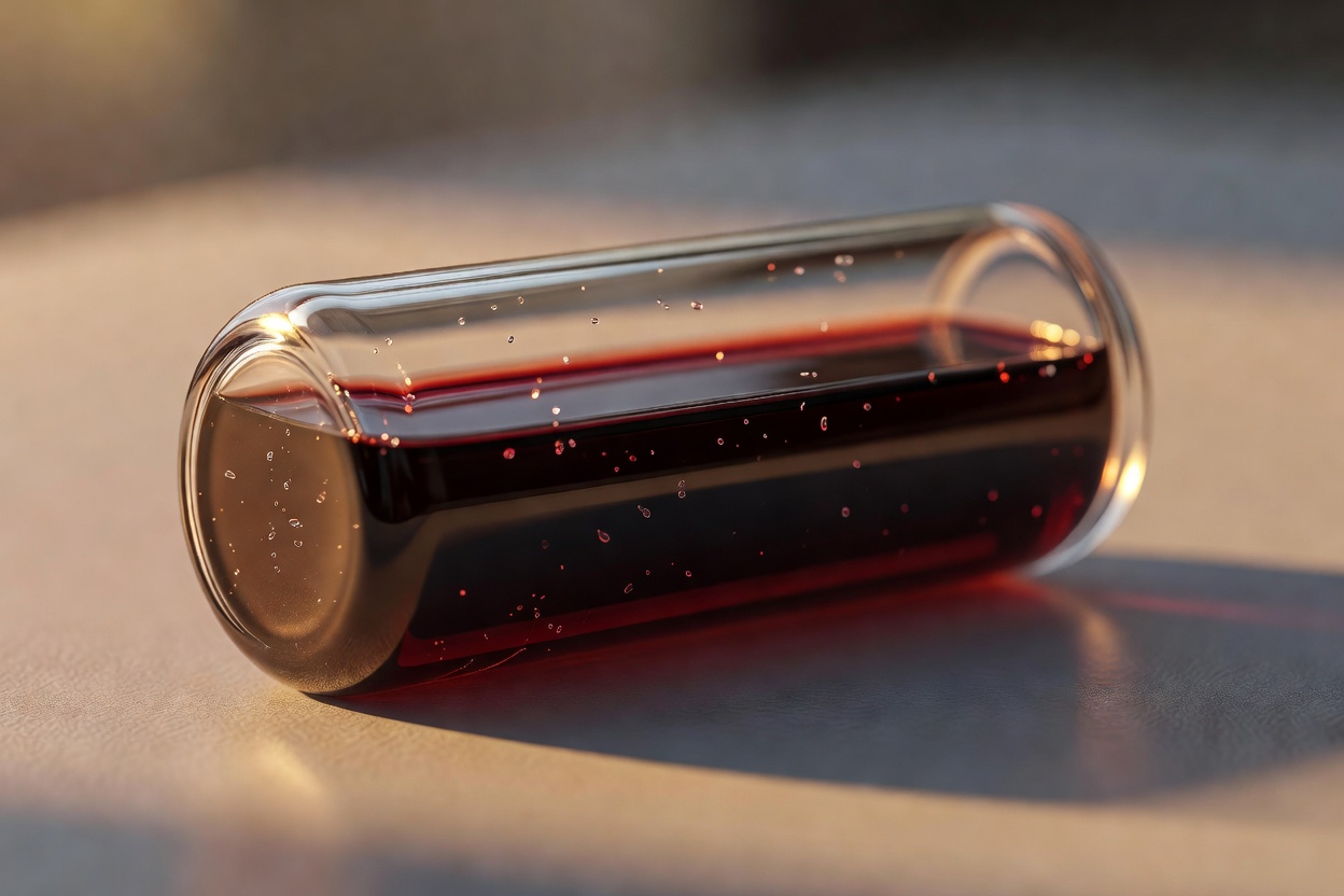 Tight macro close-up of a glass blood collection vial containing dark red serum, tiny suspended microplastic particles visible as faint specks under warm golden-hour side lighting, 100mm macro lens, f/2.8.