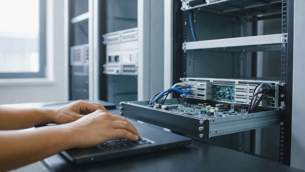 An IT engineer's hands typing on a laptop next to a pulled-out rack-mounted server with circuit boards and network cables.